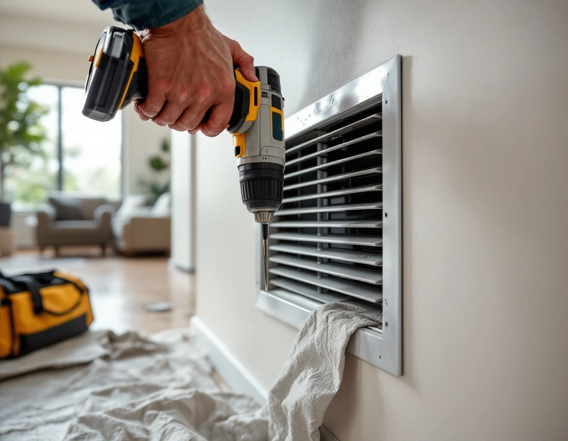 Technician using HEPA vacuum to clean air ducts, demonstrating eco-friendly cleaning techniques