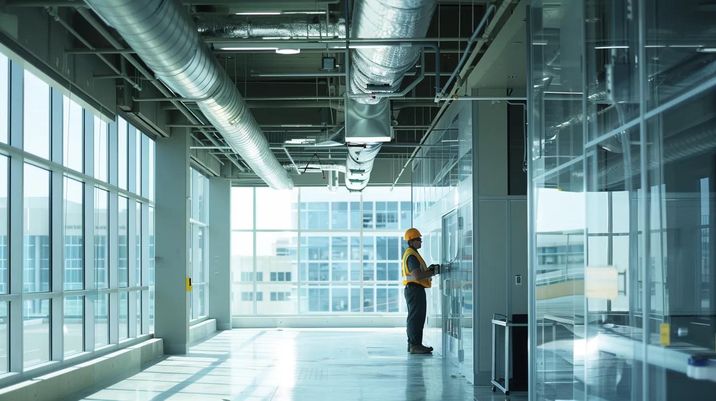 a clean, modern office environment with a technician using advanced equipment to inspect an air duct, showcasing the importance of air quality and maintenance in a bustling houston setting.