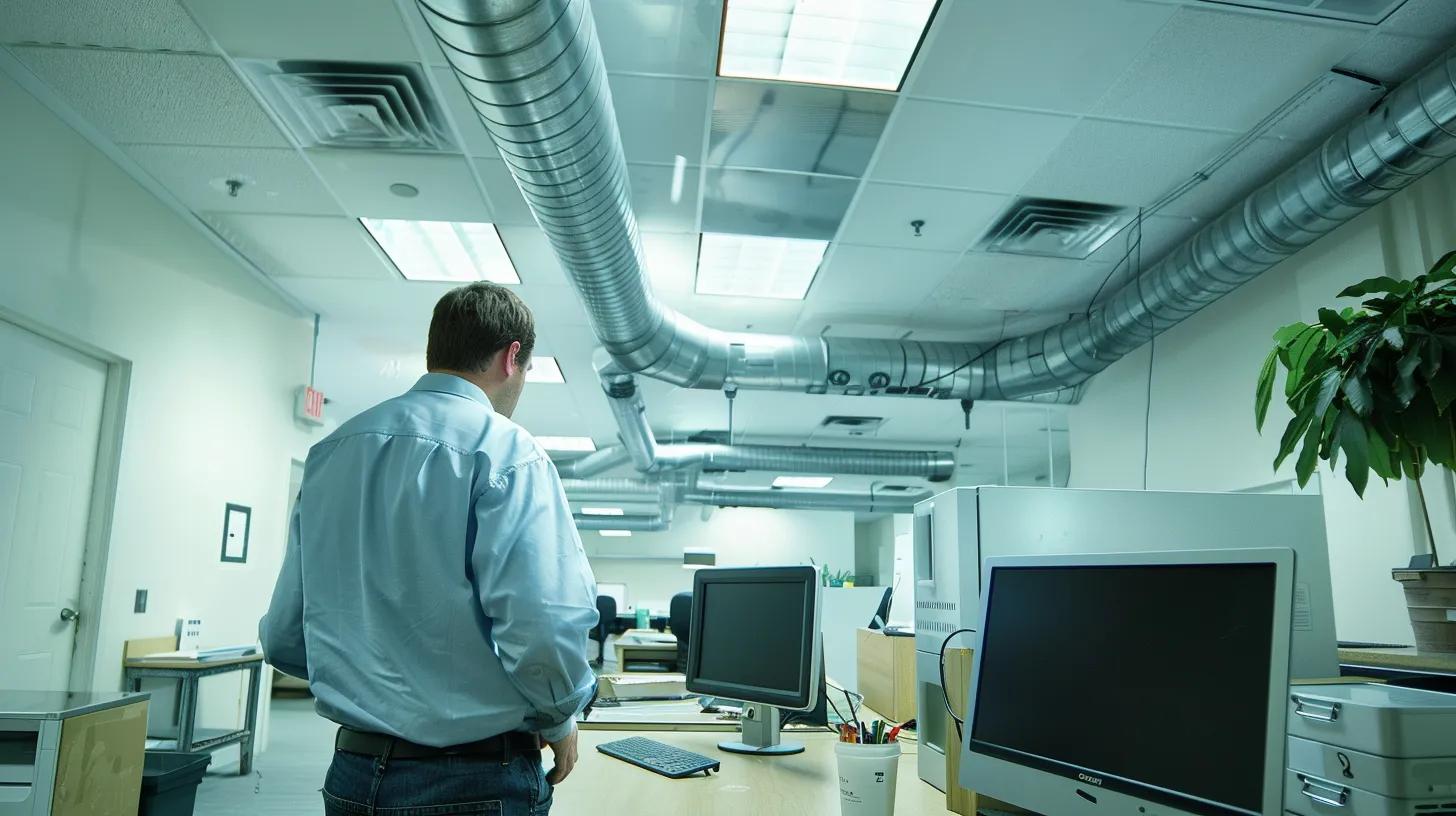 a clean, modern office space showcases a technician inspecting a gleaming, well-maintained air duct system, with an emphasis on efficiency and energy savings illuminated by focused, industrial lighting. a clean, modern office space showcases a technician inspecting a gleaming, well-maintained air duct system, with an emphasis on efficiency and energy savings illuminated by focused, industrial lighting.
