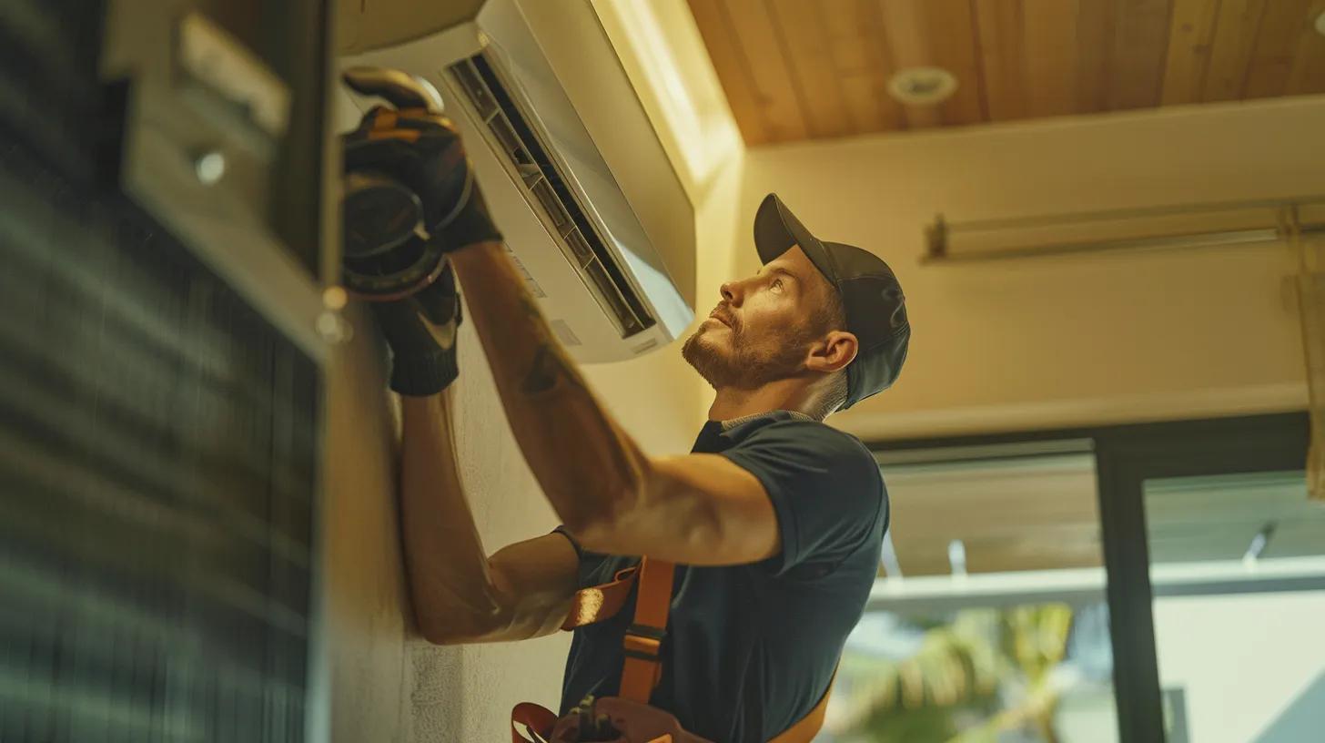 a focused interior shot of a professional hvac technician inspecting air ducts in a modern home, surrounded by tools and equipment that highlight essential maintenance practices for optimal indoor air quality.