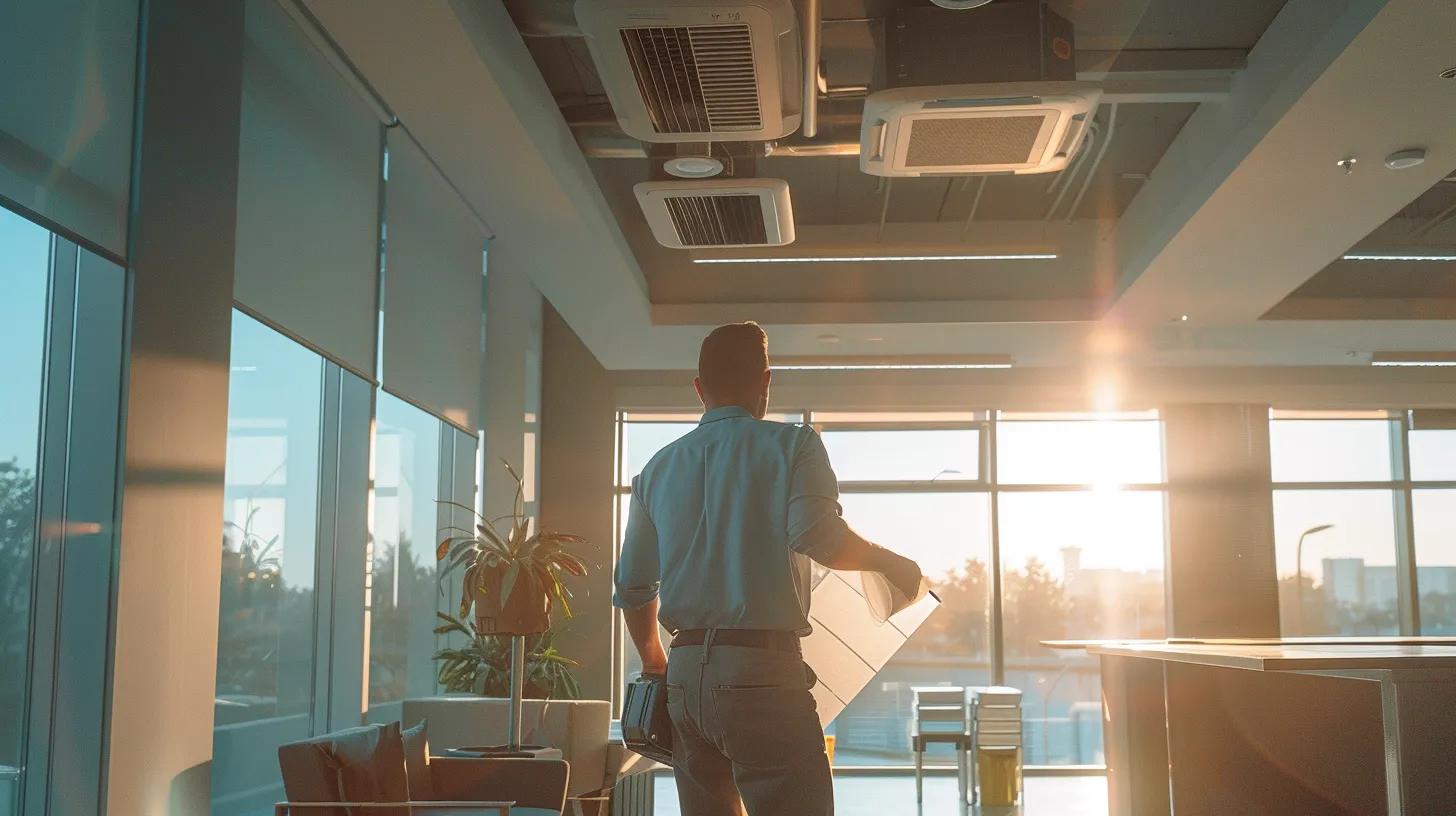 a modern, brightly lit office space showcases a technician expertly cleaning air ducts, highlighting the importance of maintaining indoor air quality for health and comfort in houston homes.