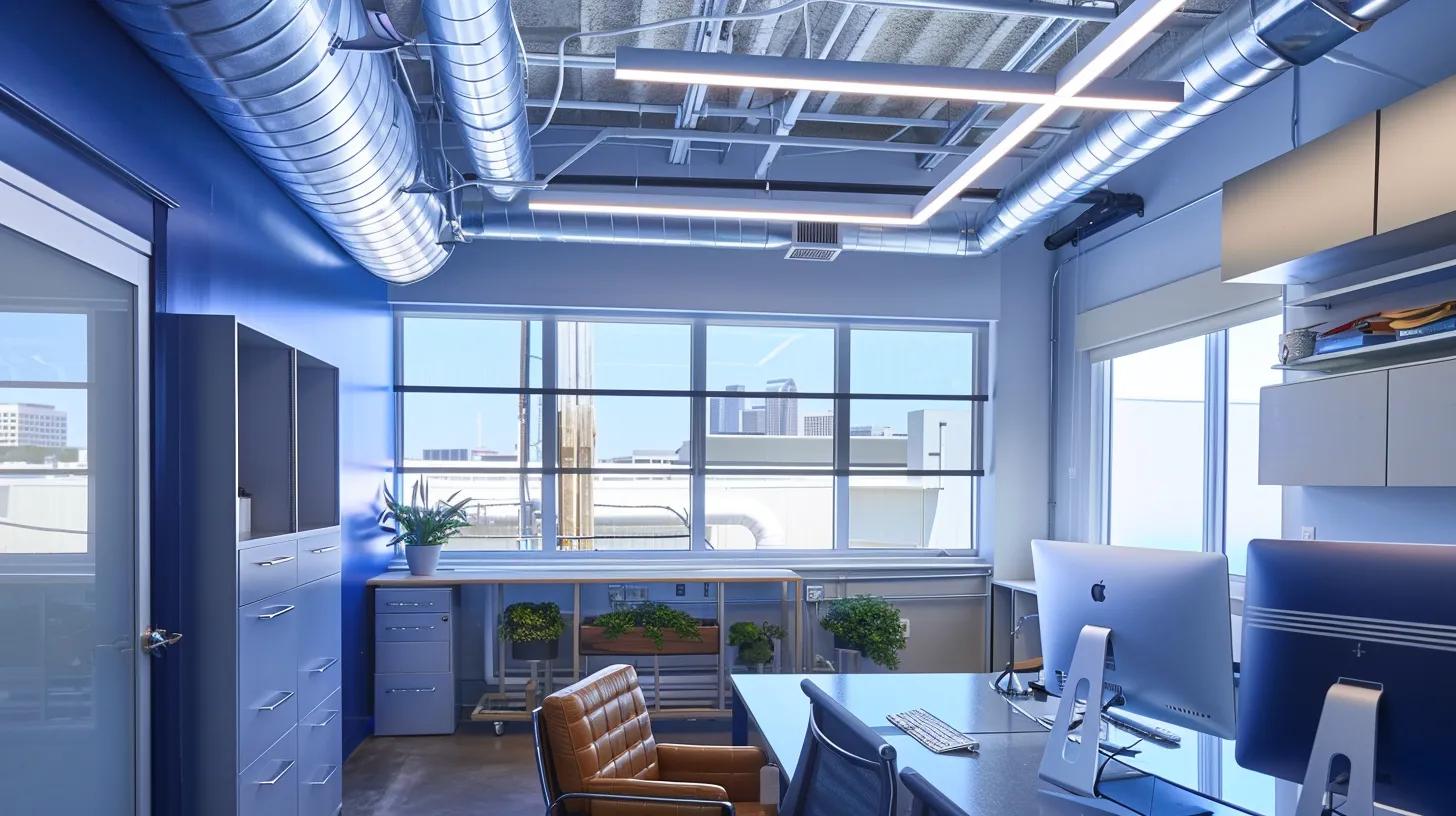 a modern houston home office, vibrantly lit with sleek, chrome-piped air ducts prominently featured in the background, showcasing the latest in air duct cleaning technology amidst a clean, organized workspace. a modern houston home office, vibrantly lit with sleek, chrome-piped air ducts prominently featured in the background, showcasing the latest in air duct cleaning technology amidst a clean, organized workspace.