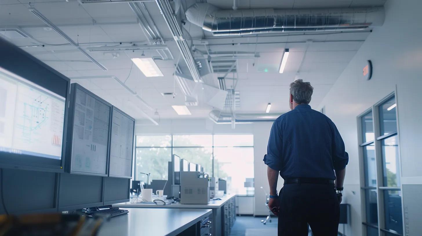 a modern houston office with a technician inspecting a high-tech air duct system using advanced cleaning equipment, surrounded by detailed diagrams and charts illustrating effective cleaning methods.