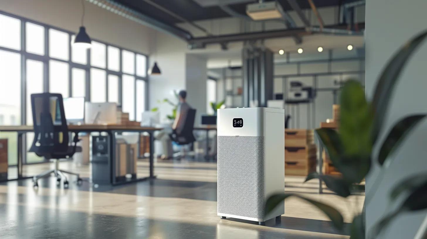 a modern, impeccably organized office space features a sleek air purification system prominently displayed, emphasizing a clean and inviting environment free from unpleasant odors caused by hidden contaminants. a modern, impeccably organized office space features a sleek air purification system prominently displayed, emphasizing a clean and inviting environment free from unpleasant odors caused by hidden contaminants.