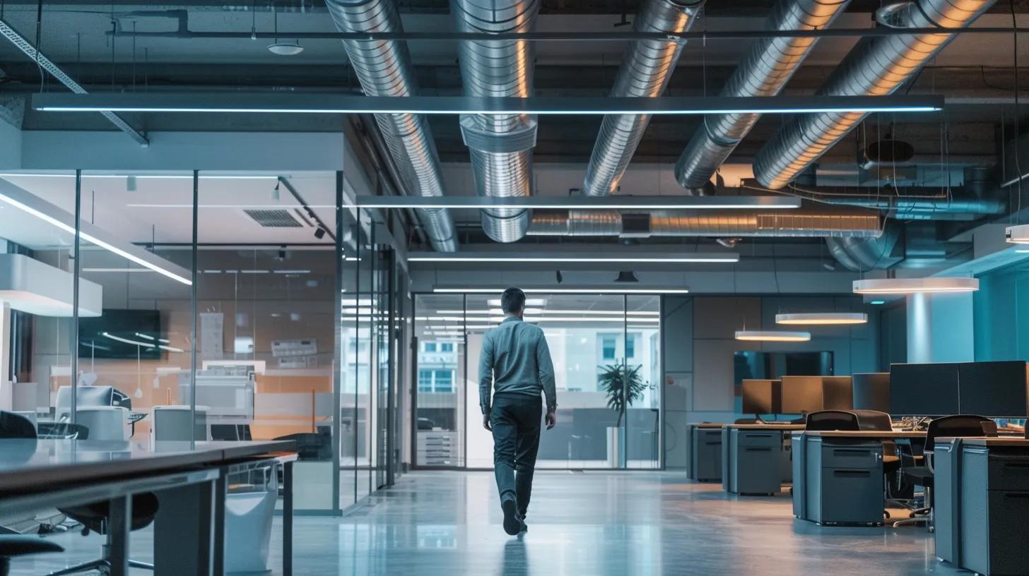 a modern office environment showcases a technician inspecting a sleek air duct system, surrounded by tools and maintenance equipment, highlighting the importance of seasonal air duct maintenance for optimal indoor comfort.