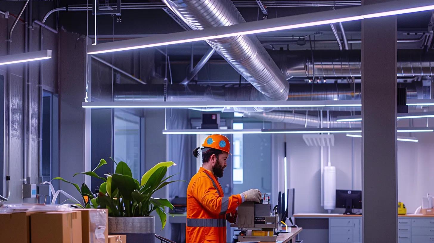 a modern office interior showcases a technician engaging in meticulous air duct cleaning, illuminated by bright overhead lights that highlight the intricate hvac system, emphasizing the efficiency and professionalism of the service.
