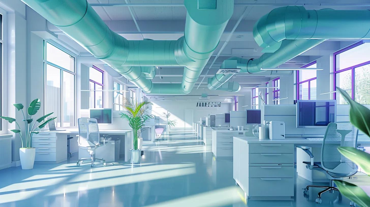 a modern office space features a sleek, high-tech air duct cleaning system in action, emphasizing its role in reducing airborne dust and allergens, with a clean and pristine environment showcased through vibrant colors and sharp contrasts. a modern office space features a sleek, high-tech air duct cleaning system in action, emphasizing its role in reducing airborne dust and allergens, with a clean and pristine environment showcased through vibrant colors and sharp contrasts.