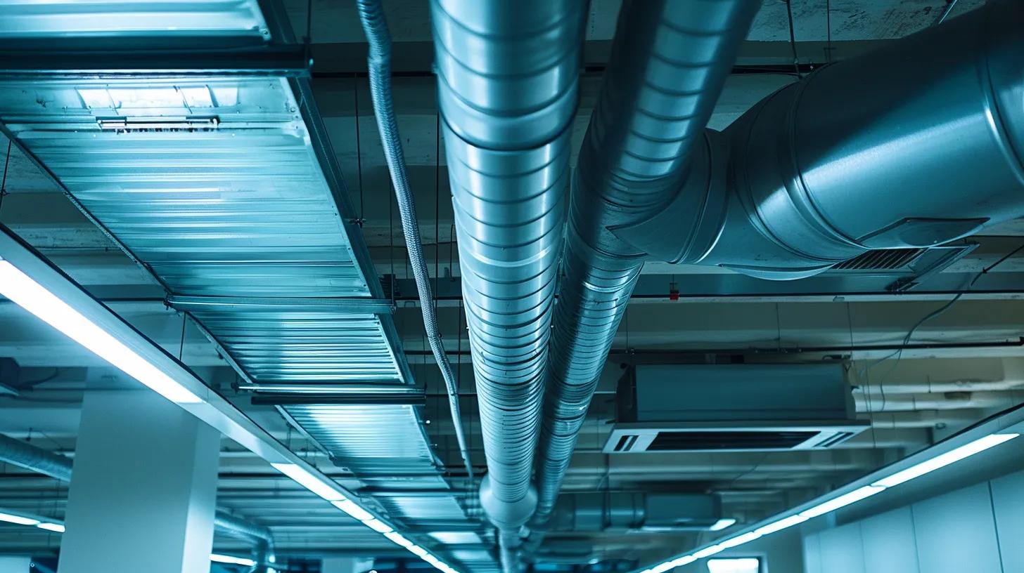 a modern office space features a pristine air duct system prominently displayed above, with an emphasis on cleanliness and sleek design, symbolizing the significant benefits of air duct cleaning for dust reduction.