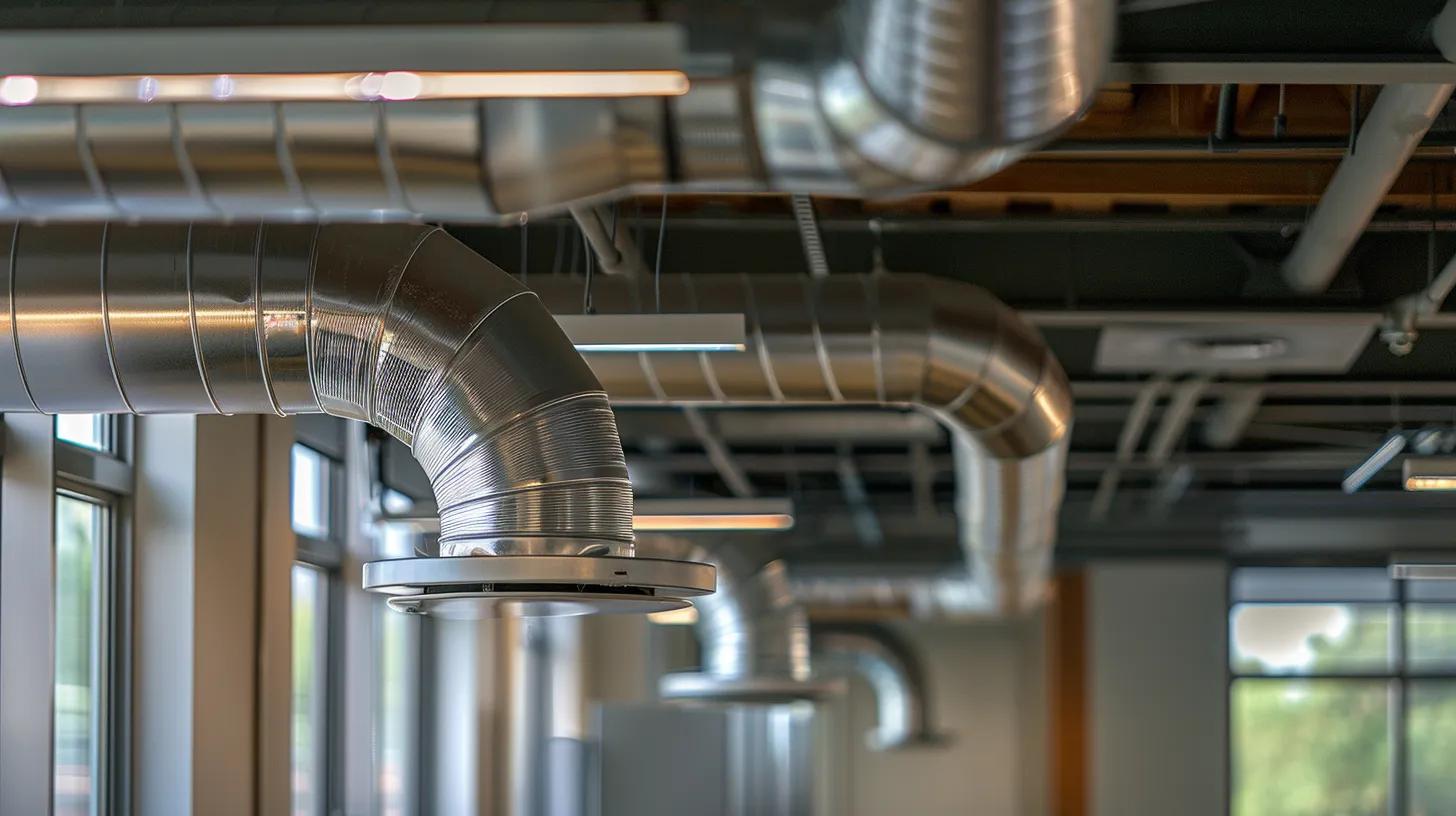 a modern office space showcasing a sleek hvac system with clear air ducts, illuminated by warm artificial lighting, emphasizing the importance of air quality and efficiency in maintaining indoor comfort.