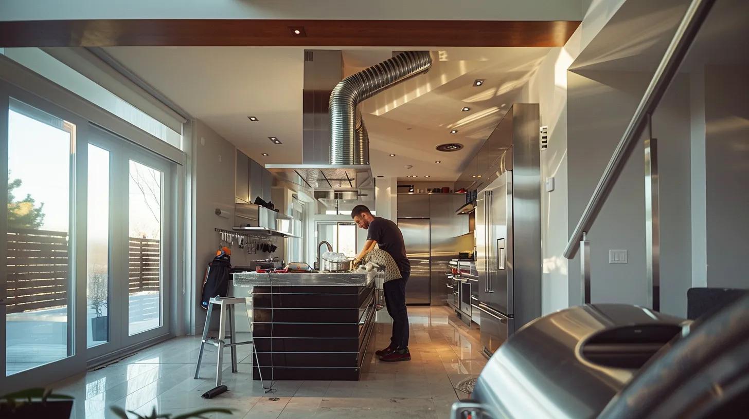 a modern, pristine home interior showcases a technician expertly cleaning air ducts, highlighting a clean and healthy living environment with state-of-the-art ventilation equipment in a well-lit, contemporary setting. a modern, pristine home interior showcases a technician expertly cleaning air ducts, highlighting a clean and healthy living environment with state-of-the-art ventilation equipment in a well-lit, contemporary setting.
