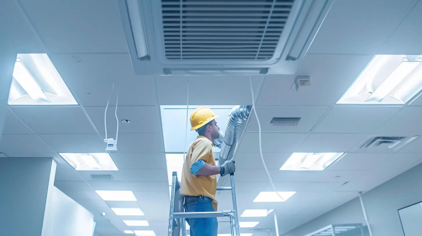 a modern, well-lit office interior showcases a professional duct cleaning technician inspecting high-efficiency ventilation systems, emphasizing the clean and sanitized environment crucial for enhancing air quality in houston homes. a modern, well-lit office interior showcases a professional duct cleaning technician inspecting high-efficiency ventilation systems, emphasizing the clean and sanitized environment crucial for enhancing air quality in houston homes.