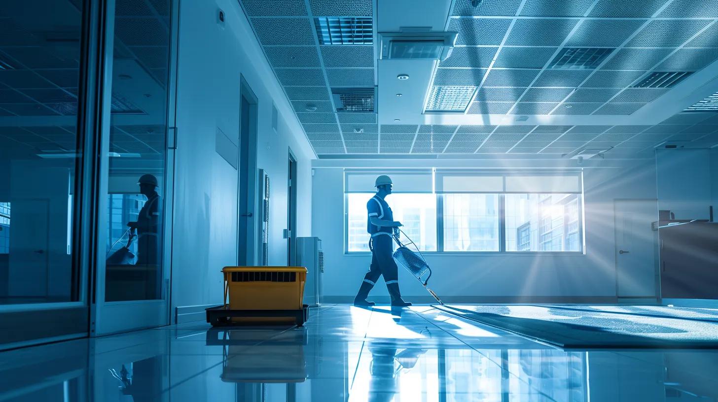 a pristine, modern office environment showcasing a technician expertly cleaning air ducts, with clean lines and vibrant colors emphasizing the importance of indoor air quality in houston.