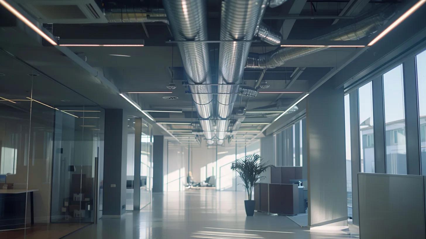 a pristine, modern office interior showcases sleek, clean air ducts prominently installed along the ceiling, emphasizing the importance of healthier indoor air quality and a dust-free environment. a pristine, modern office interior showcases sleek, clean air ducts prominently installed along the ceiling, emphasizing the importance of healthier indoor air quality and a dust-free environment.