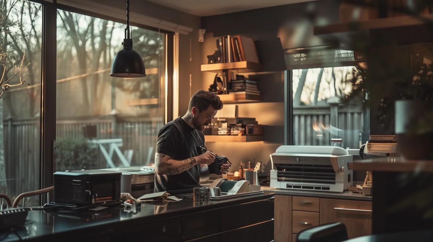 a professional technician inspects a modern hvac system in a sleek, well-lit houston home office, surrounded by tools and equipment, embodying the meticulous approach to choosing the right air duct cleaning service. a professional technician inspects a modern hvac system in a sleek, well-lit houston home office, surrounded by tools and equipment, embodying the meticulous approach to choosing the right air duct cleaning service.