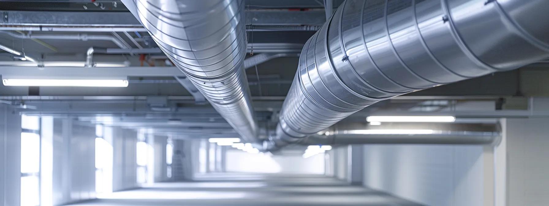 a professional technician inspects a modern, gleaming hvac duct system in a pristine, well-lit commercial office space, showcasing the importance of thorough duct cleaning for optimal air quality.