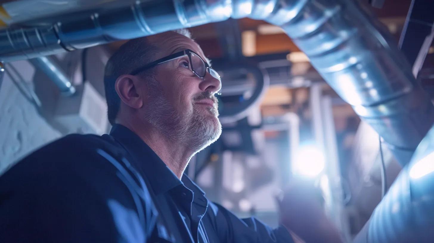 a sleek, modern hvac service technician inspects a gleaming air duct in a houston home's bright, organized utility room, showcasing the importance of cleanliness for optimal system efficiency. a sleek, modern hvac service technician inspects a gleaming air duct in a houston home's bright, organized utility room, showcasing the importance of cleanliness for optimal system efficiency.