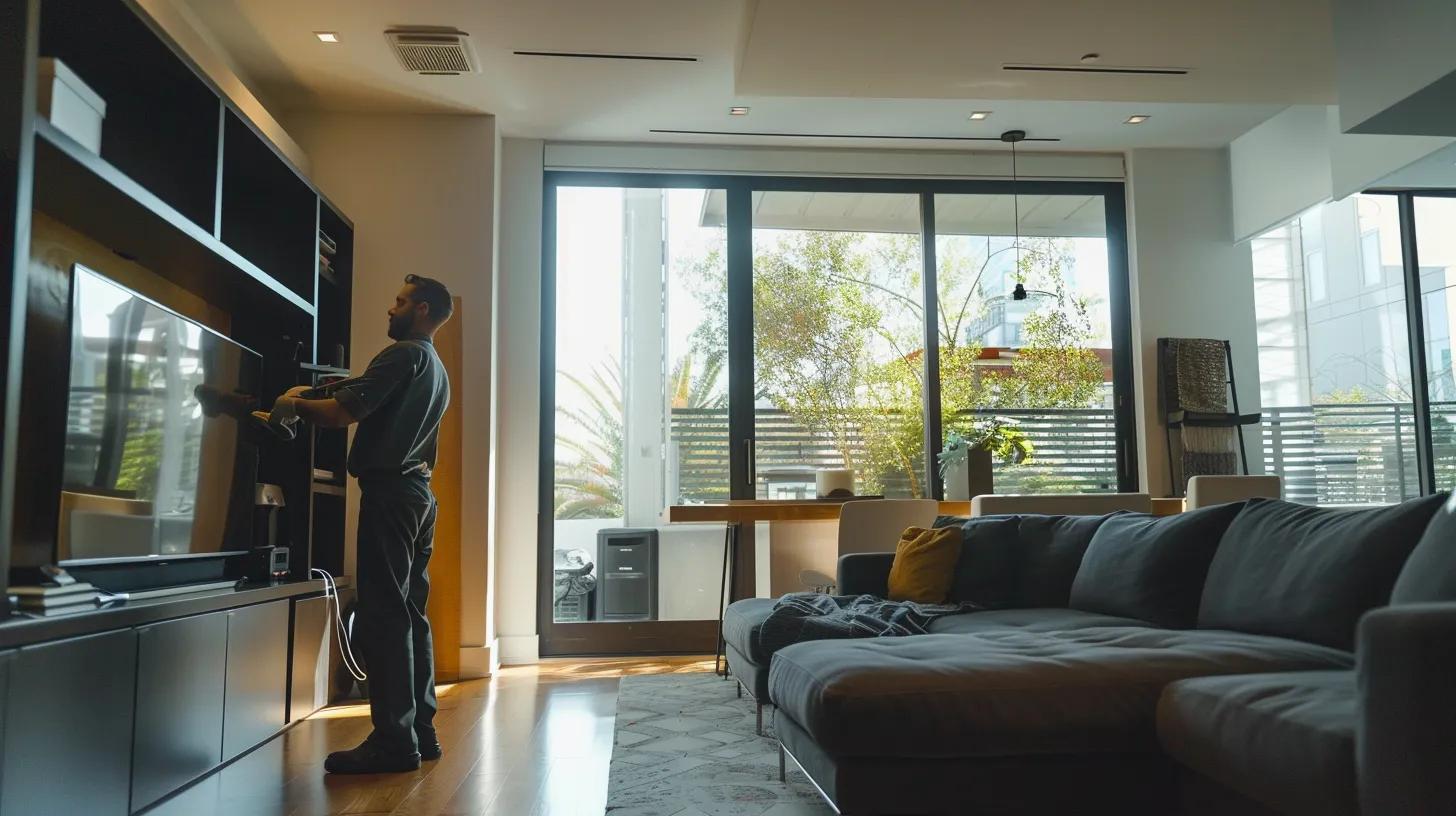 a sleek, modern living room in houston showcases a technician confidently inspecting an air duct system with specialized equipment, highlighting the importance of duct cleanliness amidst the city's humidity and allergen challenges. a sleek, modern living room in houston showcases a technician confidently inspecting an air duct system with specialized equipment, highlighting the importance of duct cleanliness amidst the city's humidity and allergen challenges.
