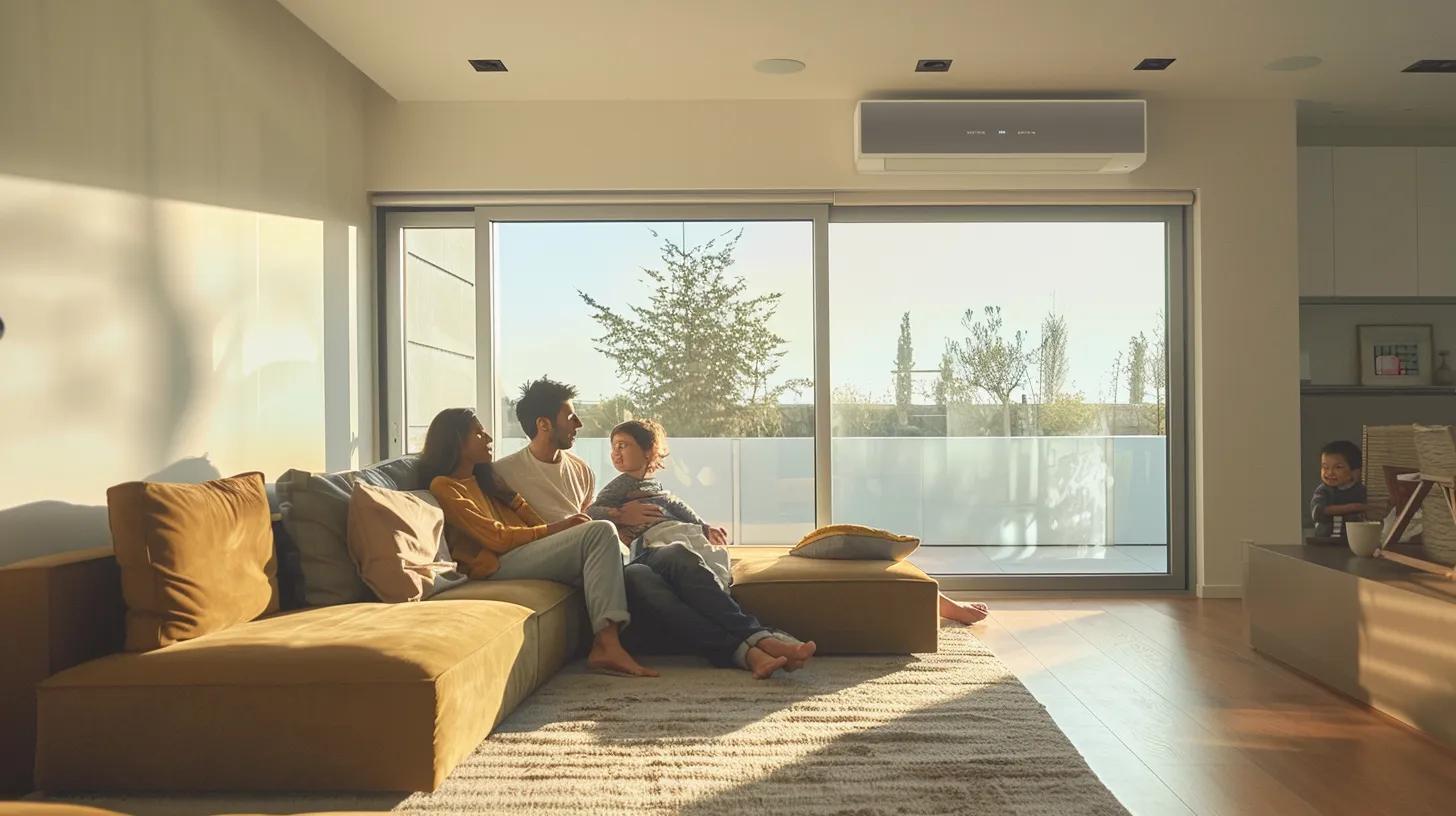 a sleek, modern living room with a prominent air duct system, showcasing clean, unobstructed air passages while a family enjoys quality time, symbolizing a healthy, allergy-free environment. a sleek, modern living room with a prominent air duct system, showcasing clean, unobstructed air passages while a family enjoys quality time, symbolizing a healthy, allergy-free environment.