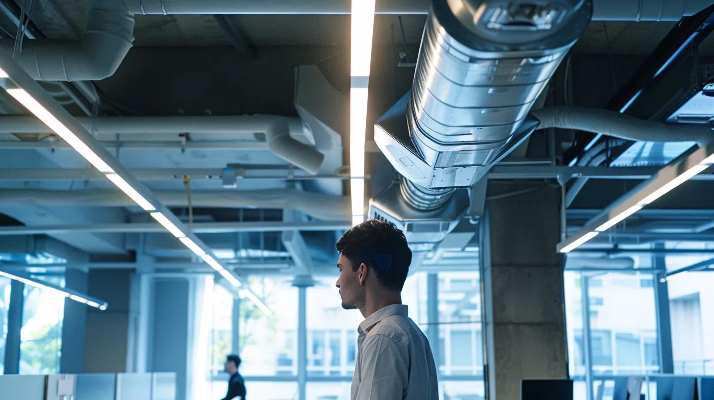 a sleek, modern office environment showcases a professional technician intently inspecting a gleaming air duct system, highlighting the importance of routine maintenance for optimal hvac efficiency. a sleek, modern office environment showcases a professional technician intently inspecting a gleaming air duct system, highlighting the importance of routine maintenance for optimal hvac efficiency.