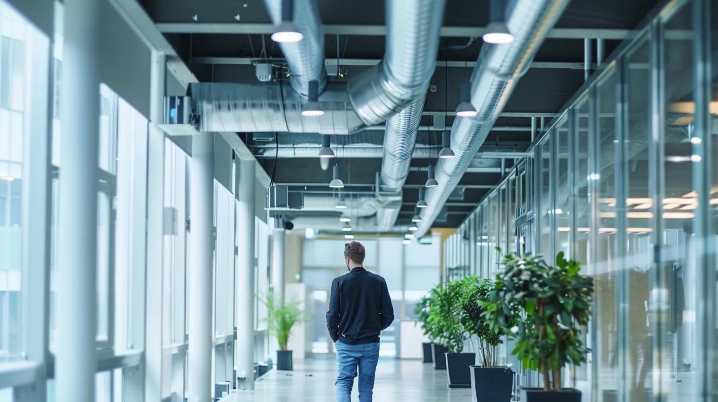 a sleek, modern office environment showcases a technician expertly inspecting a gleaming, newly cleaned air duct system, highlighting the transformative impact of maintaining indoor air quality.
