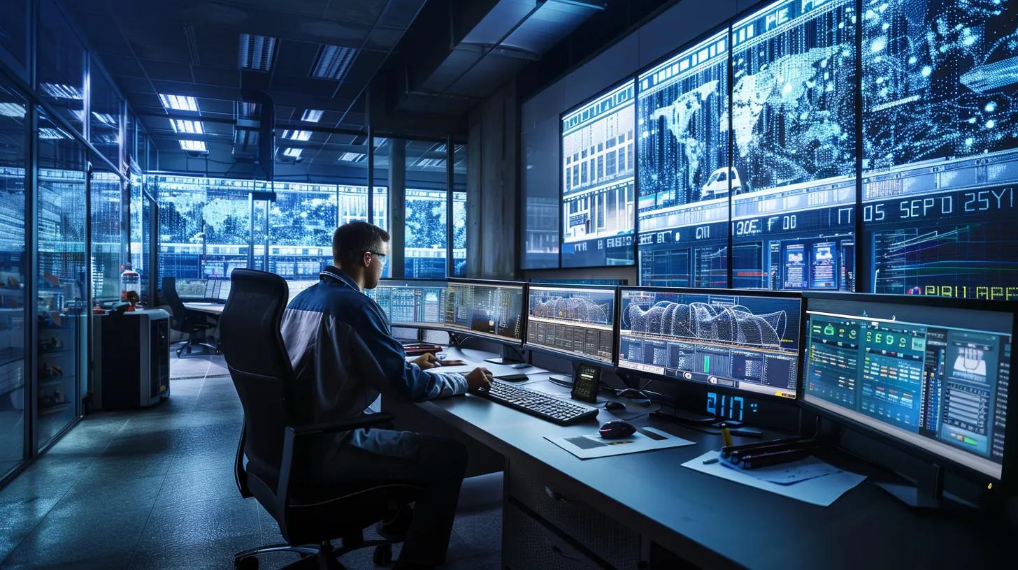 a sleek, modern office environment showcases a technician confidently conducting professional air duct maintenance, surrounded by state-of-the-art equipment and a visually clear display of energy efficiency metrics on a digital screen.