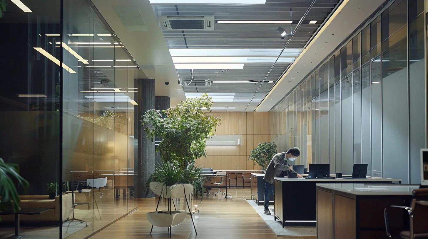 a sleek, modern office environment showcases a technician inspecting a sophisticated air duct system, highlighting the contrast between clean, well-maintained ducts and the potential health risks posed by neglected ones, accentuated by sharp overhead lighting. a sleek, modern office environment showcases a technician inspecting a sophisticated air duct system, highlighting the contrast between clean, well-maintained ducts and the potential health risks posed by neglected ones, accentuated by sharp overhead lighting.