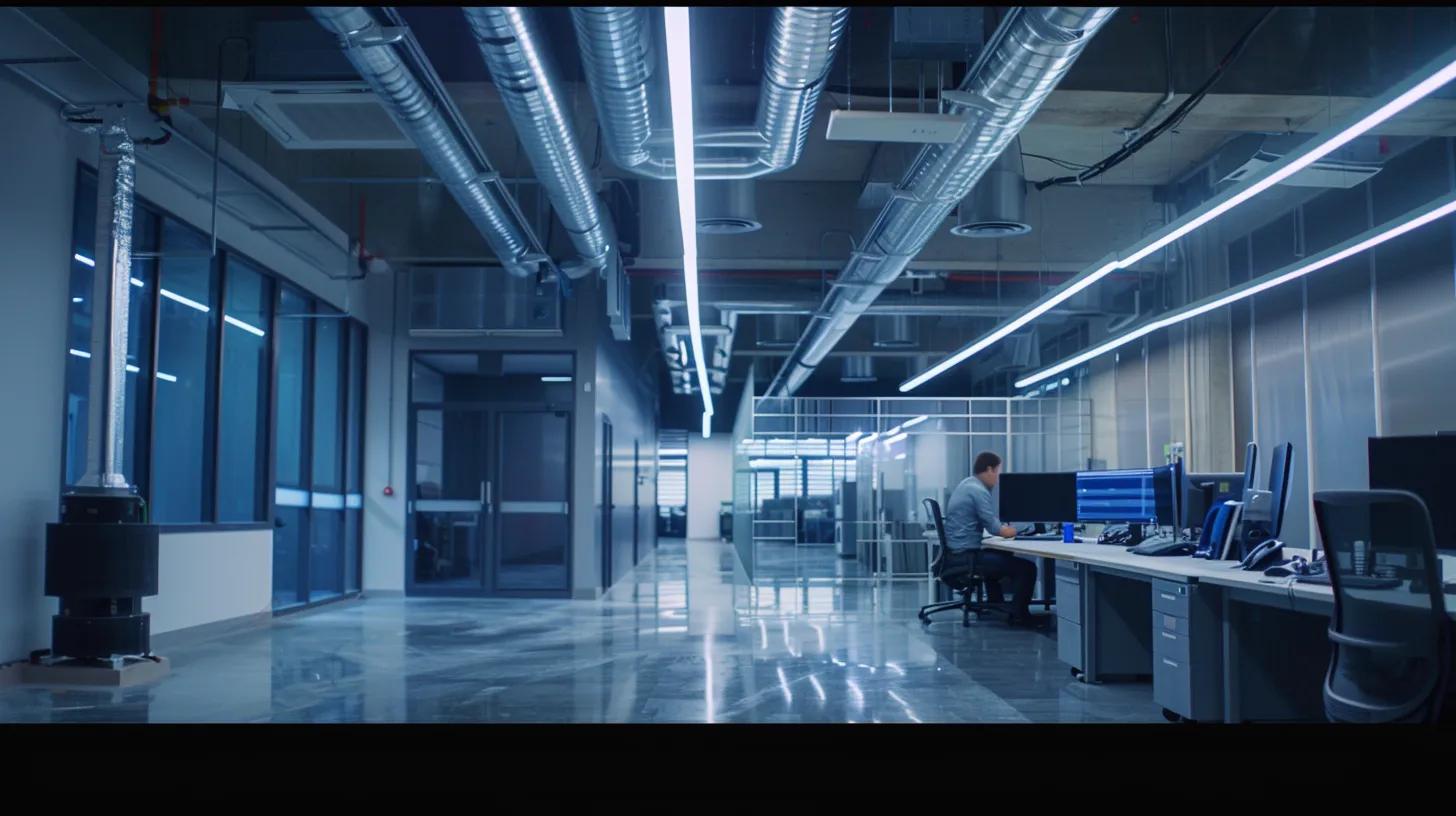 a sleek, modern office filled with hvac technicians examining a high-tech ventilation system, showcasing clean ducts and digital monitors displaying performance metrics, all illuminated by bright, focused lighting that emphasizes efficiency and advanced technology. a sleek, modern office filled with hvac technicians examining a high-tech ventilation system, showcasing clean ducts and digital monitors displaying performance metrics, all illuminated by bright, focused lighting that emphasizes efficiency and advanced technology.