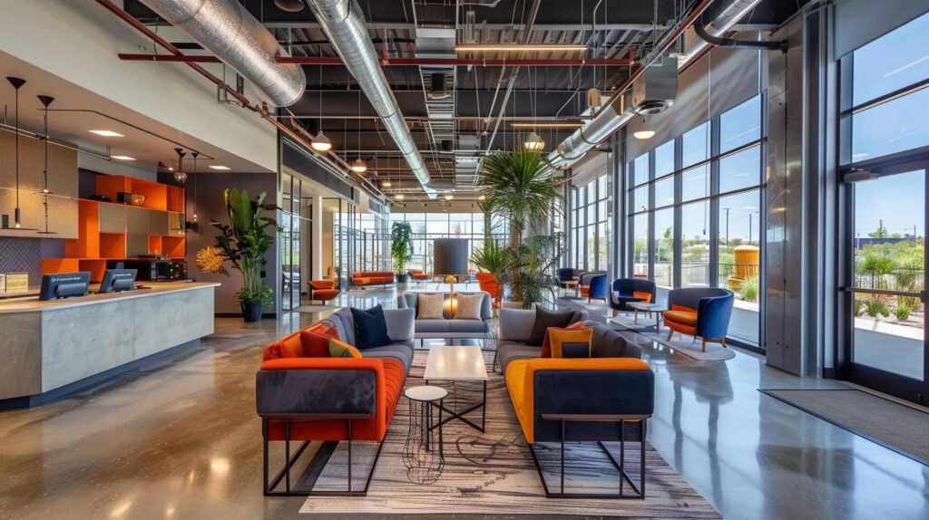 a sleek, modern office filled with energy-efficient ductwork seamlessly integrated into the ceiling, illuminated by dynamic led lights, emphasizing the commitment to sustainability and innovative hvac solutions.