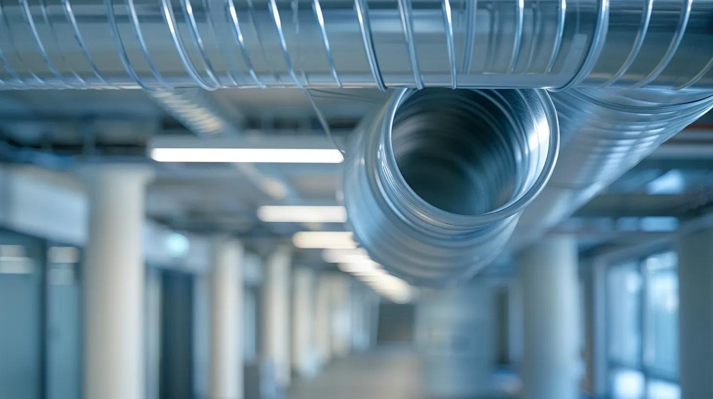 a sleek, modern office interior showcases an advanced air duct system integrated seamlessly into the ceiling, emphasizing clean air flow and a vibrant atmosphere for optimal business performance.