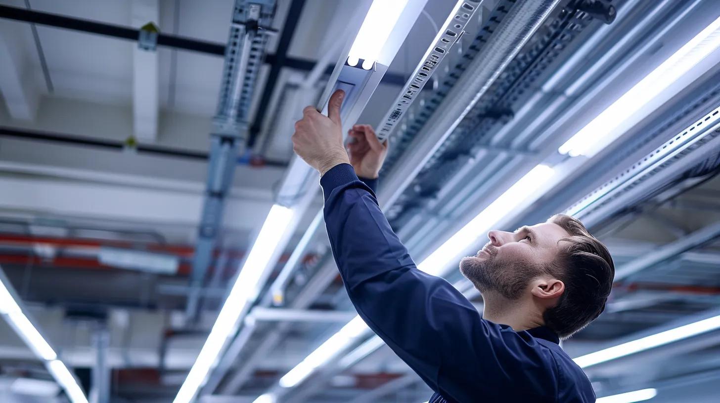 a sleek, modern office interior showcases a local air duct professional inspecting a high-efficiency ventilation system, illuminated by bright, overhead fluorescent lights that highlight the intricate components and emphasize the importance of professional maintenance.