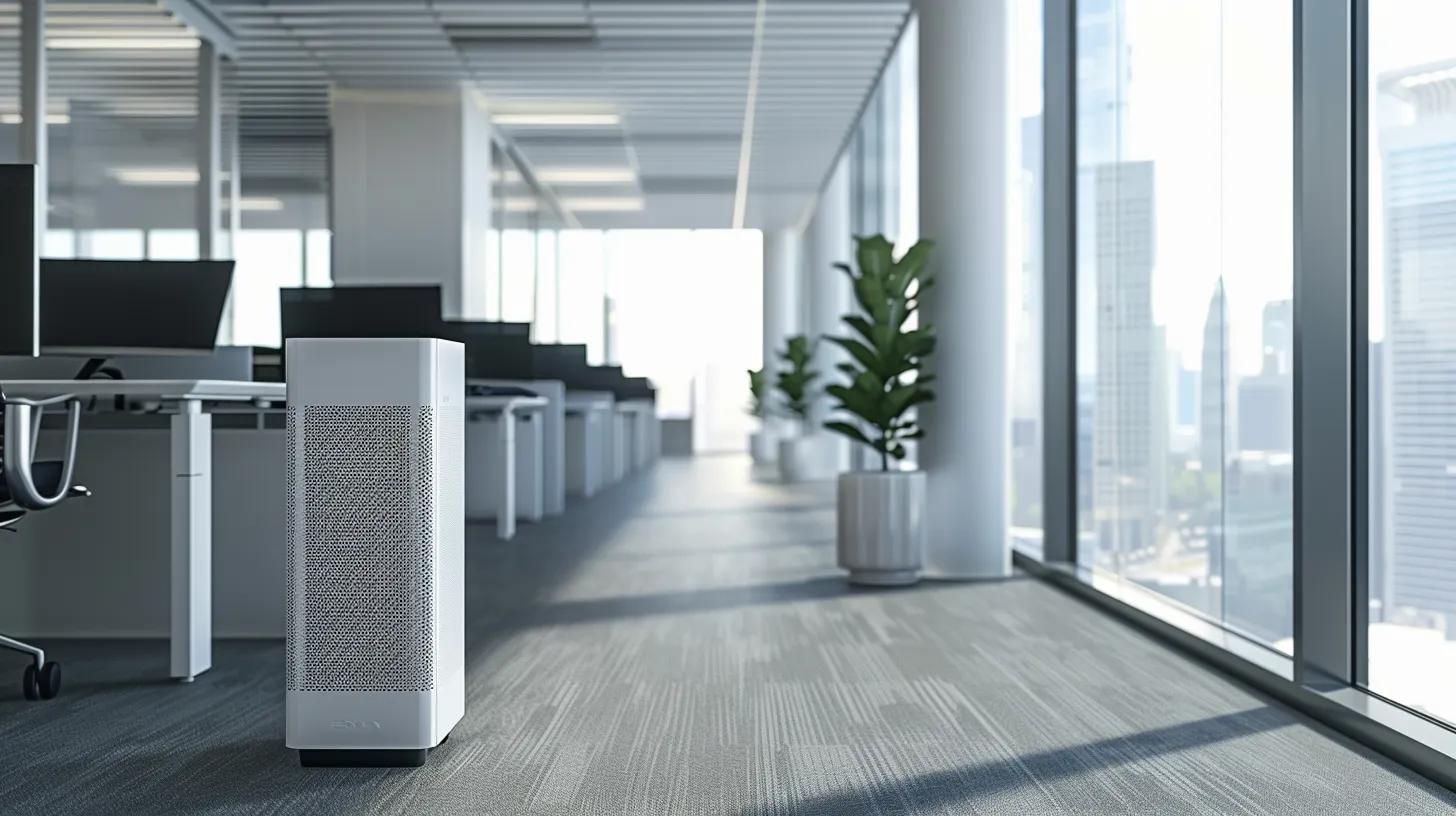 a sleek modern office interior features an advanced air filtration system prominently displayed, emphasizing the connection between improved air quality and reduced heating system workload through a minimalist, high-tech design.