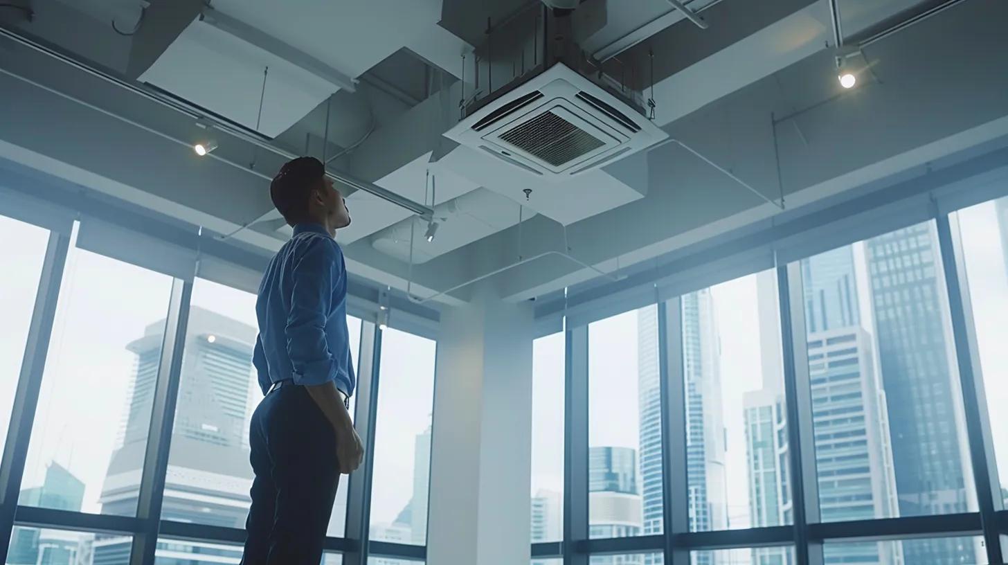 a sleek, modern office space showcases a professional technician inspecting air duct systems, with advanced cleaning equipment set up nearby, emphasizing the meticulous process of ensuring optimal indoor air quality. a sleek, modern office space showcases a professional technician inspecting air duct systems, with advanced cleaning equipment set up nearby, emphasizing the meticulous process of ensuring optimal indoor air quality.