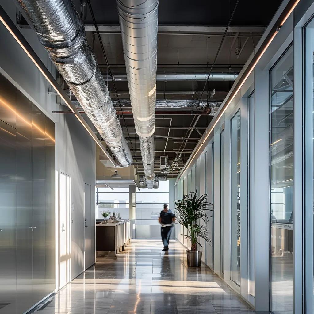 a sleek, modern office space showcases a technician expertly using advanced cleaning equipment on a large, exposed air duct, emphasizing the importance of dust reduction for a healthier indoor environment.