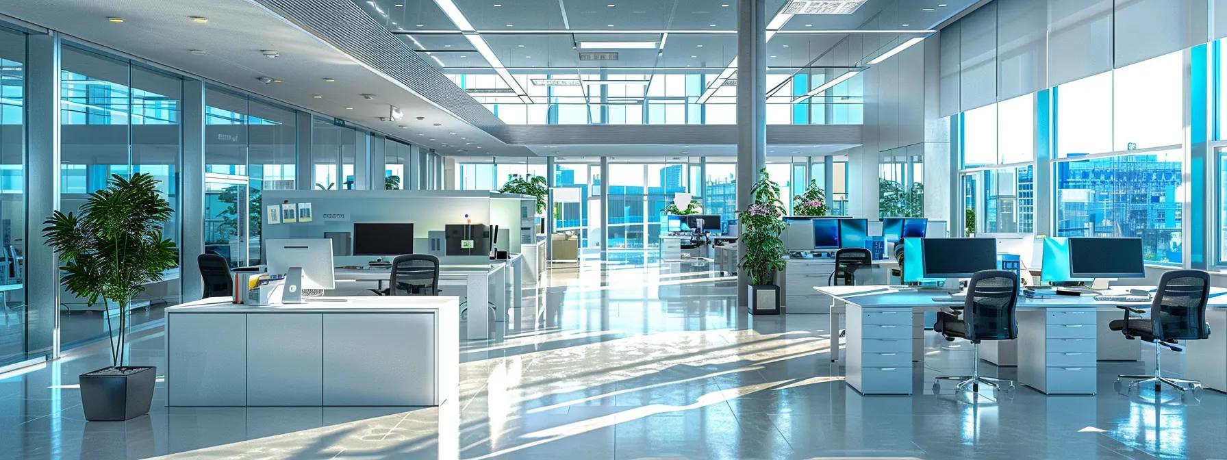 a modern, gleaming office space with pristine surfaces and organized workstations emphasizes the efficiency and professionalism of a high-quality cleaning service.