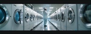 a professional technician inspects a pristine commercial dryer vent system in a brightly lit, modern laundry facility, showcasing the importance of cleanliness and maintenance in an industrial setting.