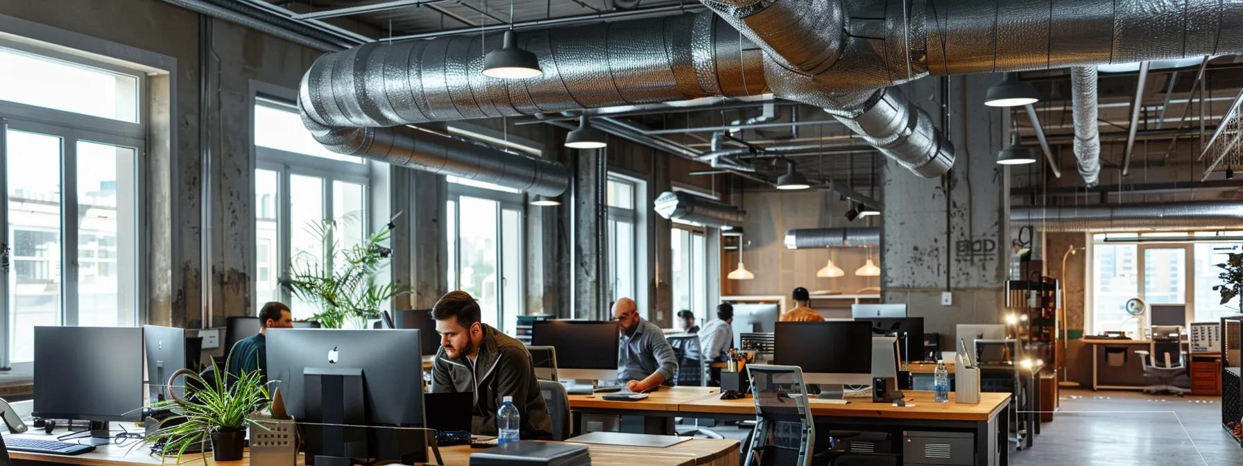 a bustling urban office environment features technicians expertly working on modern hvac duct systems, surrounded by sleek equipment and tools that highlight the professionalism and efficiency of reliable duct services.