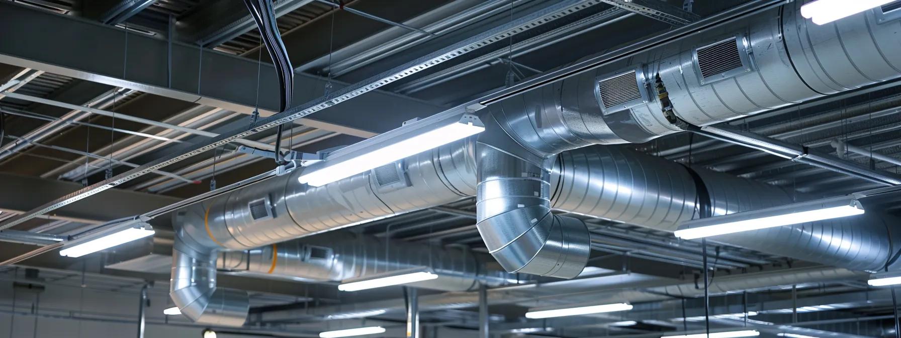 a clean, modern hvac workshop scene featuring a technician inspecting meticulously arranged ductwork systems, highlighted by sharp overhead fluorescent lighting that emphasizes the polished surfaces and intricate details of the installation process.