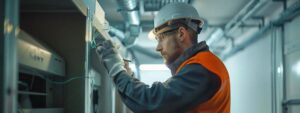 a meticulous technician in a modern, well-lit office environment inspects and cleans a complex dryer vent system, showcasing the advanced tools and equipment used in professional vent cleaning.