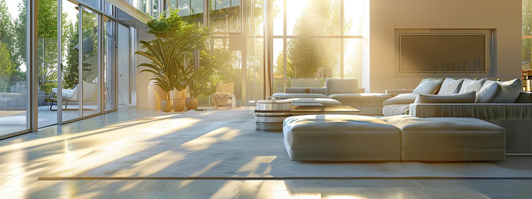 a pristine, modern home interior showcases a professional-grade duct cleaning process in action, with sleek equipment positioned beside a clean, airy living space featuring minimalist decor and bright, artificial lighting.