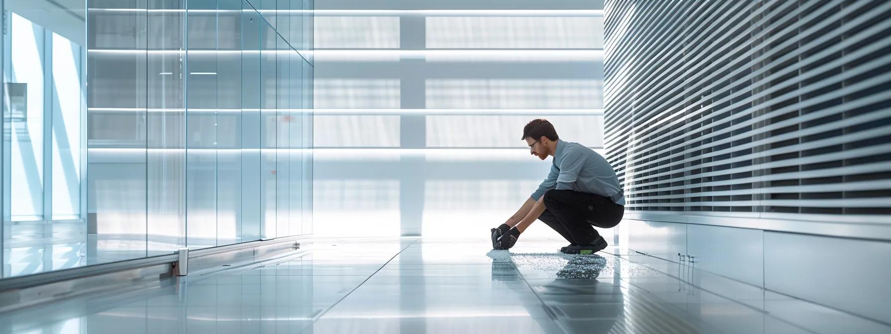 a professional technician in a pristine modern office space carefully cleans a heating vent, showcasing advanced tools and equipment in action under bright, focused lighting that highlights the meticulous attention to detail.