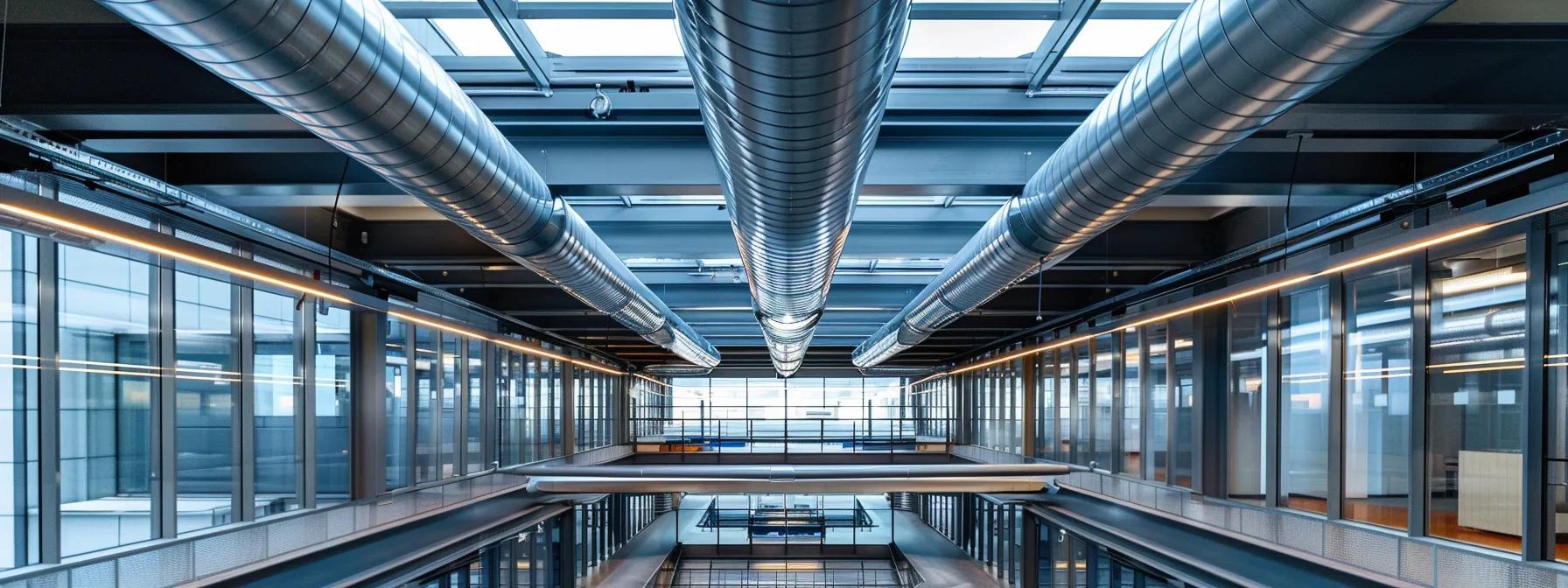 a sleek, industrial workspace showcases a complex arrangement of hvac ductwork overhead, with metallic pipes gleaming under bright led lighting, emphasizing the intricacy and efficiency of modern climate control systems.