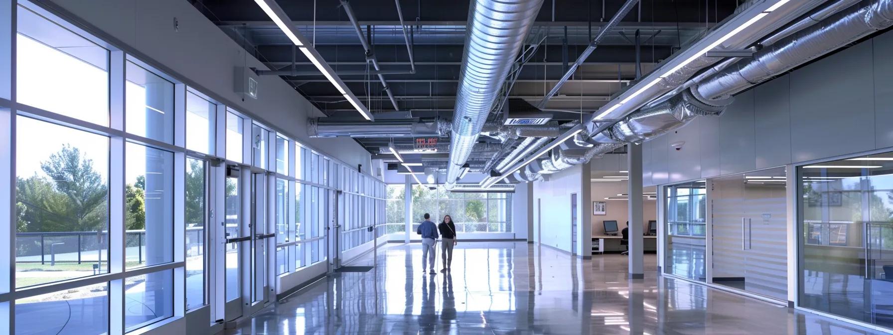 a sleek, modern office space showcases a professional technician inspecting newly installed ductwork, with energy-efficient systems prominently displayed to emphasize the theme of reducing energy bills.