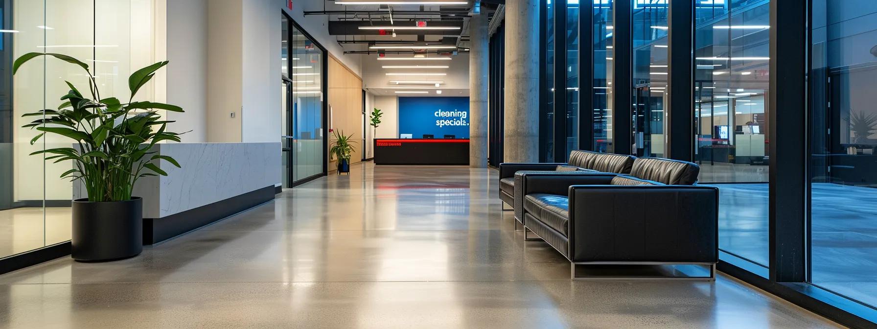 a sleek, modern office space with a prominently displayed promotional banner announcing "duct cleaning specials," featuring a clean and polished aesthetic that emphasizes air quality and efficiency.