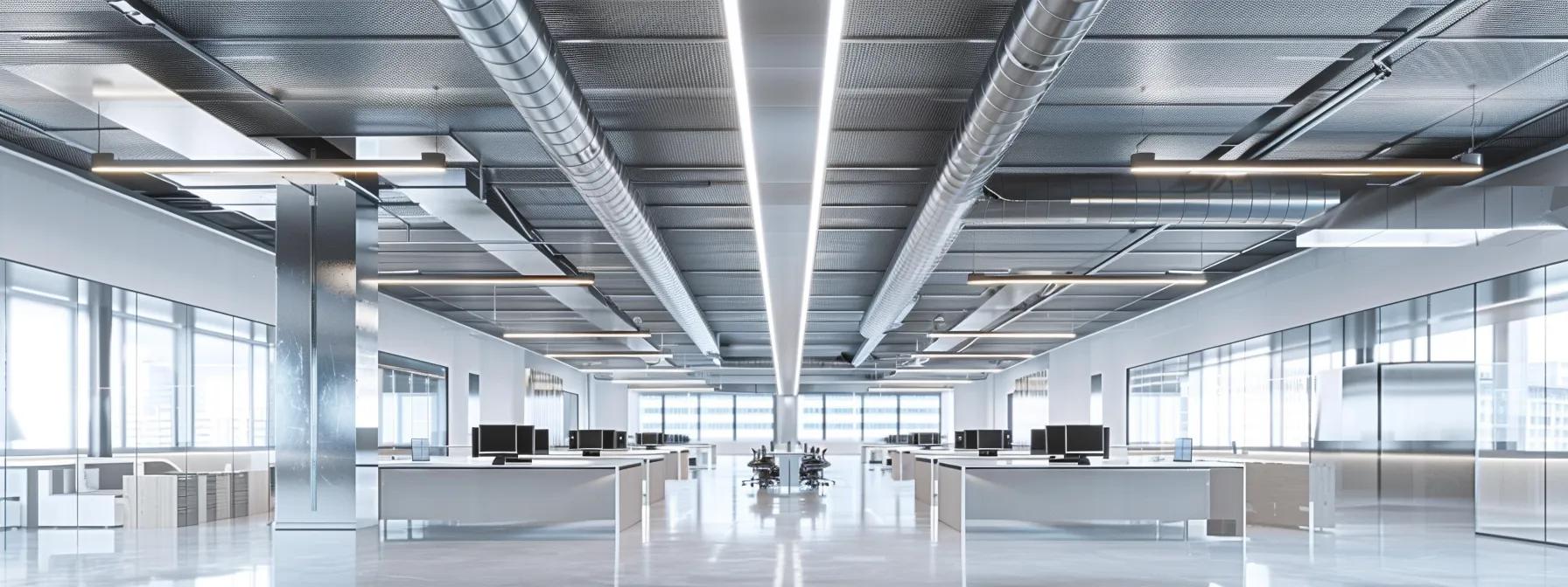 a sleek, modern office space showcases an innovative air duct system, featuring polished metal vents seamlessly integrated into the ceiling, illuminated by efficient led lighting that emphasizes the clean lines and industrial design.
