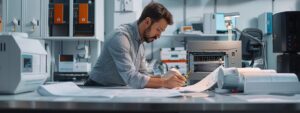 a technician in a sleek, modern office, meticulously inspecting a high-efficiency furnace with advanced diagnostic tools, surrounded by high-tech equipment and blueprints on a polished work surface.