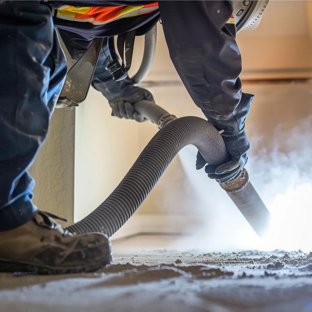 Technician cleaning air ducts with a HEPA vacuum in a Houston home, improving indoor air quality