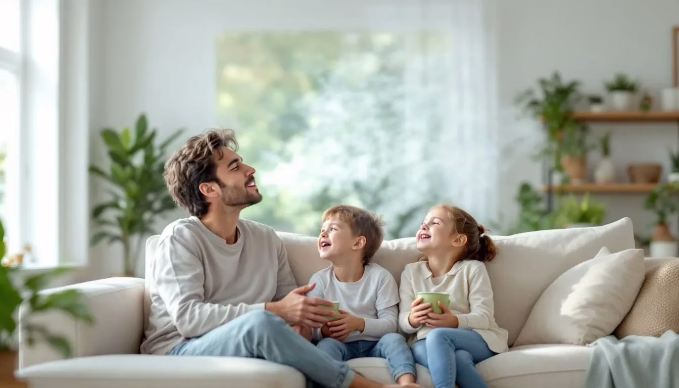 Family breathing cleaner air in a bright, healthy Houston home