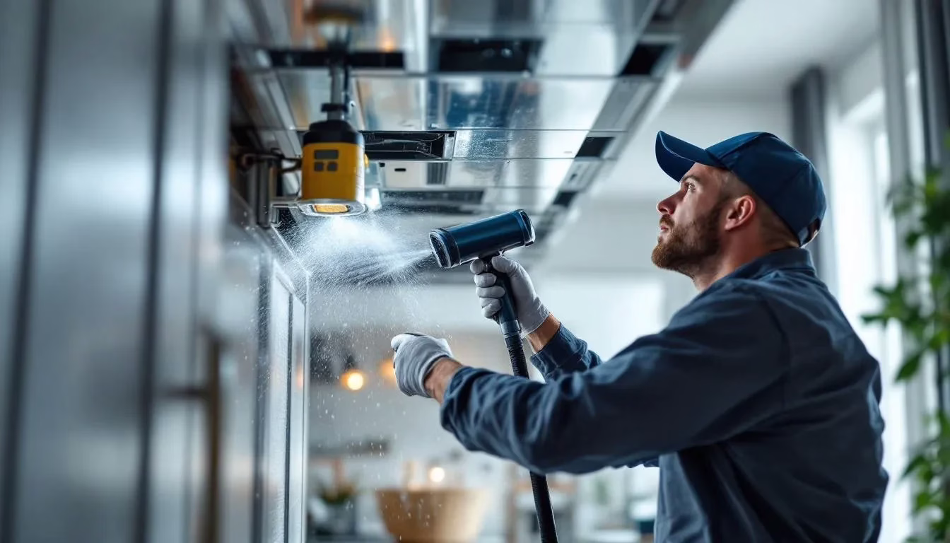 Commercial HVAC system being cleaned in a Houston office building
