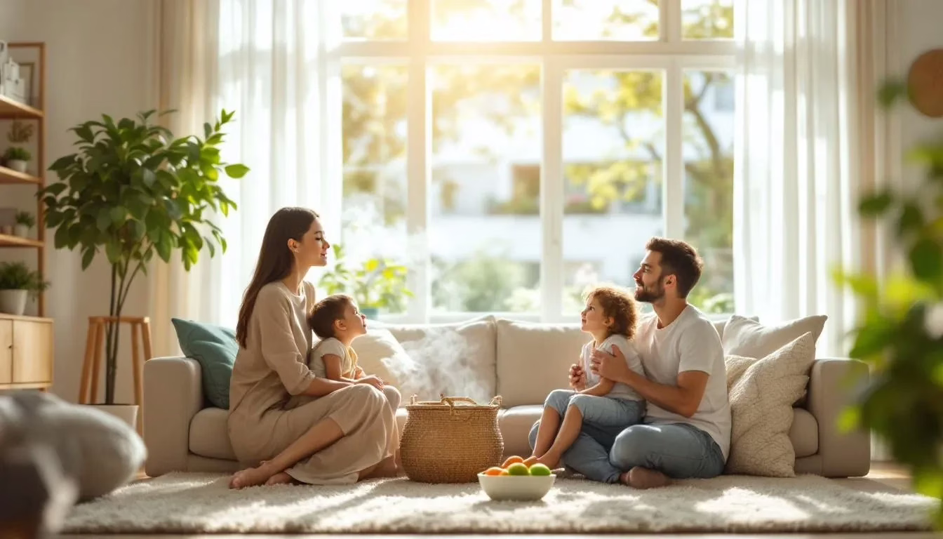 Family enjoying clean indoor air in their bright Houston living room