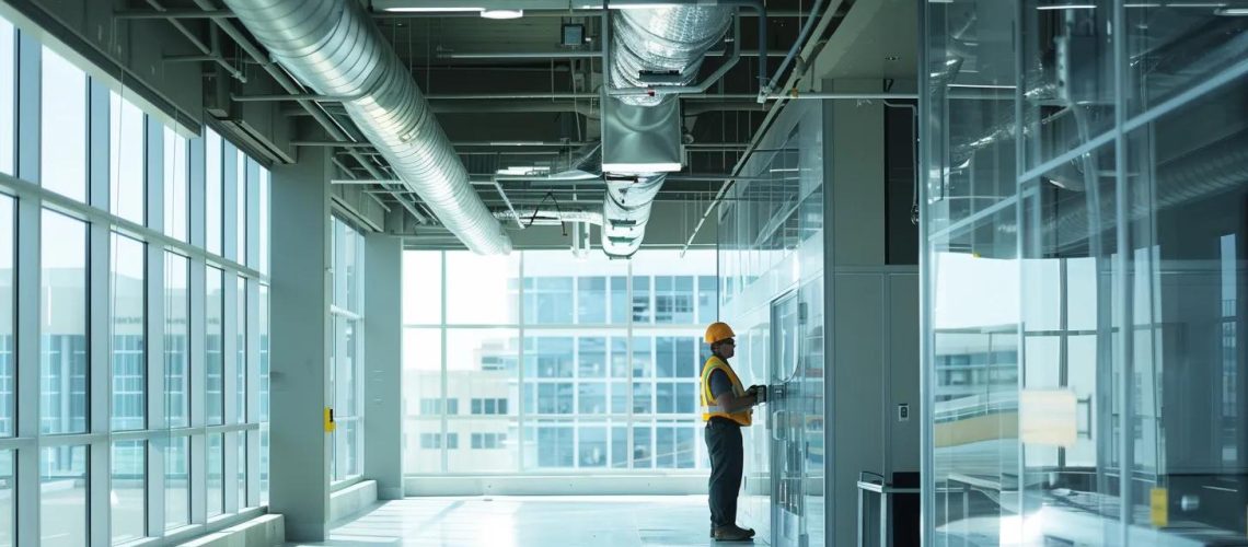 a clean, modern office environment with a technician using advanced equipment to inspect an air duct, showcasing the importance of air quality and maintenance in a bustling houston setting.